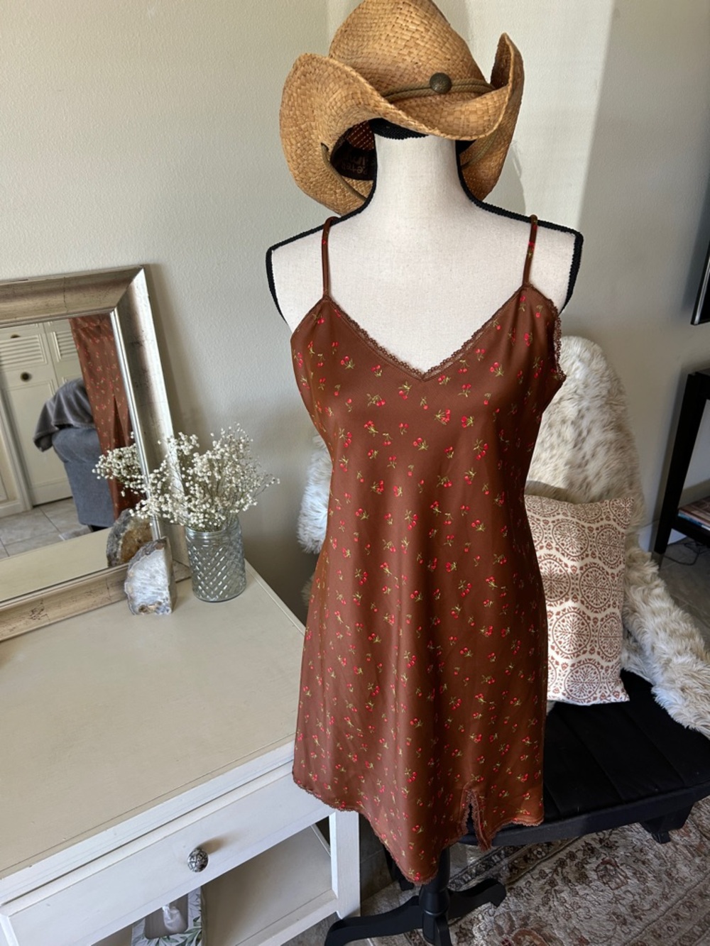 Wild fable, Brown, cherry print lace trim, slip mini dress large